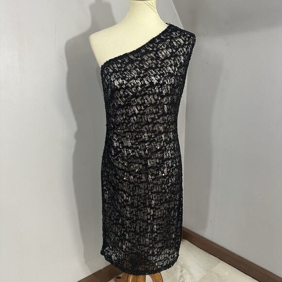 David Meister Black Lace One Shoulder Sequin Cocktail Dress Evening Formal Sz 12 - Picture 4 of 11